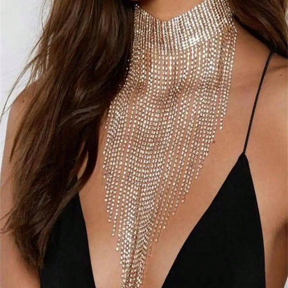 Yellow Gold Fantasy Women's Rhinestone Tassel Necklace
